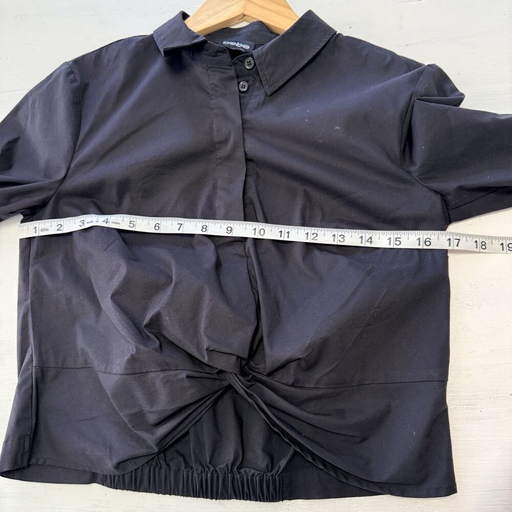 Bebe Black Shirt Small Cotton blend Button Front Twist Cropped Sharp Fitted - Picture 9 of 11